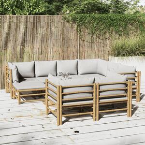 Set mobilier de grădină cu perne gri deschis, 10 piese, bambus