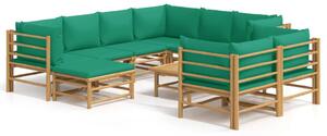 Set mobilier de grădină cu perne verzi, 10 piese, bambus