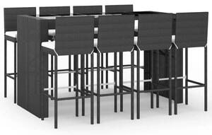 Set mobilier bar de grădină cu perne, 9 piese, negru, poliratan