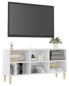 Comodă TV, picioare lemn masiv, alb extralucios, 103,5x30x50 cm