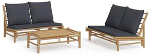 Set mobilier de grădină, perne gri închis, 3 piese, bambus