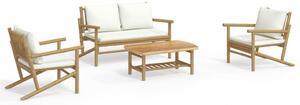 Set mobilier de grădină, cu perne alb crem, 4 piese, bambus