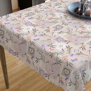 Goldea față de masă decorativă loneta - model 541 inimioare cu fluturi și lavandă pe bej 100 x 140 cm