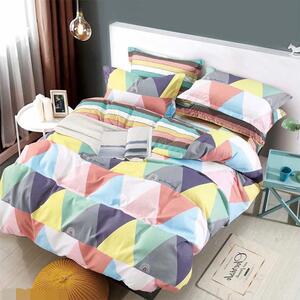Lenjerie pat 2 persoane, 6 Piese, Bumbac Finet, Triunghiuri Colorate, Multicolor, JO1034