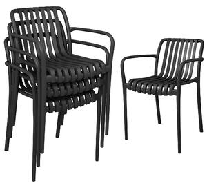 Set 4 Scaune de Grădină Outsunny Stivuibile din PP Rezistent la Razele UV, Scaune de Luat Masa pentru Exterior cu Spătar Ergonomic cu Lamele și Brațe, pentru Terasă, Balcon, Grădină, 55x58,5x81,5 cm, Negru | Aosom Romania