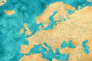 Harta Detailed map of Europe in gold and teal watercolor, Blursbyai