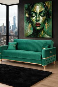 Canapea extensibila cu lada de depozitare 220x90x97 cm – stofa verde, detalii aurii – Vegas