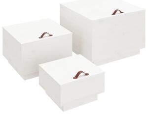Cutii de depozitare cu capace, 3 buc., alb, lemn masiv de pin