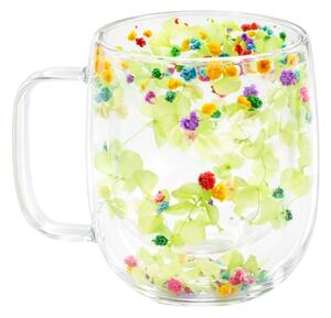 Cană cu inserție de flori uscate, hortensie verde și floarea miresei multicolor, pereți dubli, sticlă borosilicată, 250 ml, Aurora Bloom
