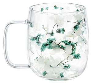 Cană cu inserție de flori uscate alb și turquoise, hortensie și limonium, pereți dubli, sticlă borosilicată, 250 ml, Aurora Bloom