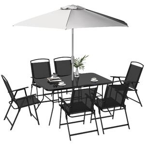 Outsunny Set de grădină cu Masă, 6 Scaune Pliante și Umbrelă de Soare cu Manivelă, Set pentru Exterior din 8 piese, 140x90x70 cm, Gri