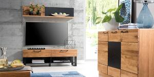 Comoda TV din lemn si furnir, cu 2 sertare Small Mosaic 24 Stejar / Negru, l135xA42xH46 cm