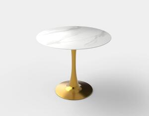 Masa CASEMIRO, alb cu efect de marmura/auriu, sticla/metal, 90x90x75 c