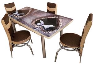 Set masa extensibila cu 6 scaune pentru bucatarie Country Love, maro/crem,, 170x80x70 cm, blat sticla securizata, scaune piele eco, cod produs