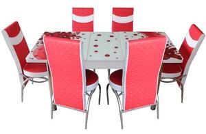 Set masa extensibila si 6 scaune Elt Modella, blat sticla, 170 x 80 x 70 cm, decor floral, Rosu, cod produs STM6SELTRSUFLR06