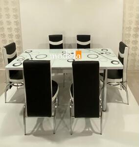 Set Masa extensibila cu 6 scaune BUBBLE pentru bucatarie alba, 170x80x70 cm, blat sticla securizata, scaune piele eco