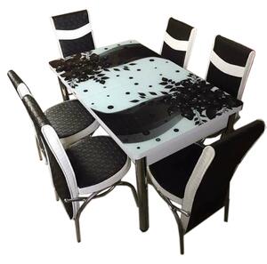 Set Masa extensibila 6 pers blat sticla securizata +6 scaune piele eco Elt Modella alb/negru model floral , 170 x 80 x 70 cm, cod produs STSYHCCK