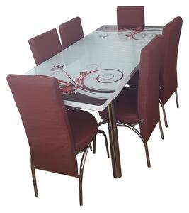 Set masa extensibila si 6 scaune Elt Modella, blat sticla, 170 x 80 x 70 cm, decor floral, visniu