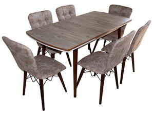 Set masa Elegant Natur MDF picioare lemn + 6 scaune , 160x80x75 cm, blat de mdf, scaune material textil, cod produs E2