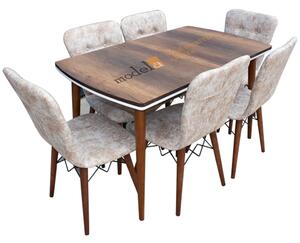 Set masa Nuc Elegant MDF picioare lemn + 6 scaune , 160x75x75 cm, blat de mdf, scaune material textil, cod produs E6®️