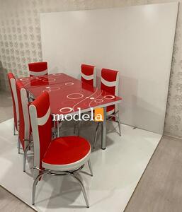 Set Masa extensibila cu 6 scaune BUBBLE pentru bucatarie rosu, 170x80x70 cm, blat sticla securizata, scaune piele eco