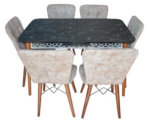 Set masa Elegant Marmura Neagra MDF picioare lemn + 6 scaune , 160x80x75 cm, blat de mdf, scaune material textil ®️