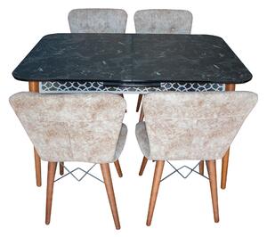Set masa Elegant Marmura Neagra MDF picioare lemn + 4 scaune , 160x80x75 cm, blat de mdf, scaune material textil, cod produs E4 ®️