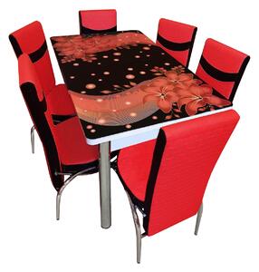 Set Masa extensibila cu 6 scaune pentru bucatarie Modella, Flori negru/rosu, 170x80x70 cm, blat sticla securizata, scaune piele eco