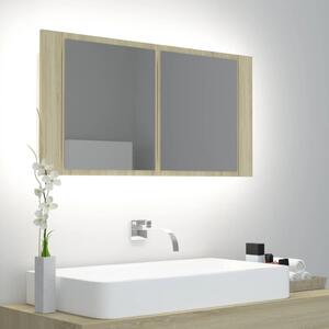 Dulap de baie cu oglindă și LED, stejar Sonoma, 90x12x45 acril