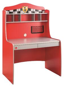 Masa de birou din pal, cu etajera si 2 sertare, pentru copii, Race Cup Rosu / Albastru deschis, L104xl68xH152 cm