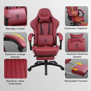 DOWINX Scaun gaming, ergonomic, suport lombar cu masaj, spătar înalt, reglabil, tetieră, suport picioare, rezistent 150 kg, piele PU, Rosu
