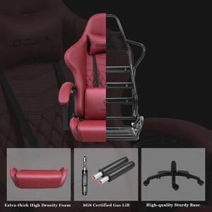 DOWINX Scaun gaming, ergonomic, suport lombar cu masaj, spătar înalt, reglabil, tetieră, suport picioare, rezistent 150 kg, piele PU, Rosu