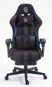Scaun gaming, sistem iluminare bandă LED RGB, masaj în perna lombară, suport picioare, material textil+mesh, Negru