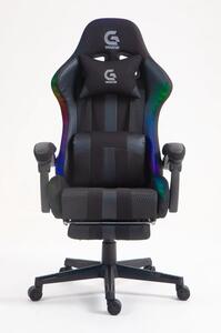 Scaun gaming, sistem iluminare bandă LED RGB, masaj în perna lombară, suport picioare, material textil+mesh, Negru