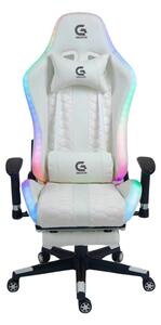 Scaun gaming cu sistem iluminare bandă LED RGB, masaj în perna lombară, suport picioare, funcție șezlong, 90-180 grade, piele ecologica, Alb