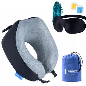 Set Perna de calatorie Suporto Travel Companion. Perna voiaj din spuma cu memorie, Neagra + Masca de dormit Suporto 3D cu saculet Verde Smarald, pachet pentru ochi obositi si un somn odihnitor