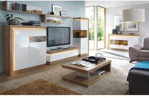 Măsuţă, masă, comodă TV, stejar și alb - TP185508
