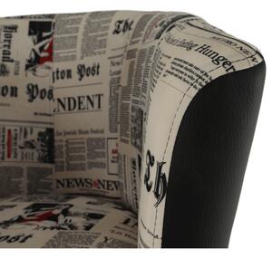 KONDELA Fotoliu de club, piele ecologică neagră/material textil motiv ziare, CUBA