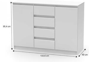 Comodă cu 2 uşi şi 4 sertare, albă, 133,6x49x95,4 cm - TP281064