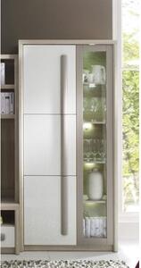 Vitrina ROMA 2, stejar Ferrara/alb lucios/gri mat, PAL/sticla, 90x43x1