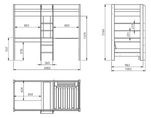 Pat etajat din lemn de pin si MDF cu birou incorporat, pentru copii Pino Mezzanine Alb, 200 x 90 cm