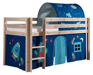 Pat etajat din lemn de pin, cu tunel si spatiu de joaca pentru copii Pino Astro Natural, 200 x 90 cm