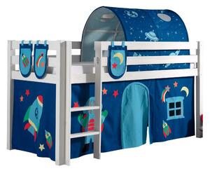 Pat etajat din lemn de pin, cu tunel si spatiu de joaca pentru copii Pino Plus Astro Alb, 200 x 90 cm