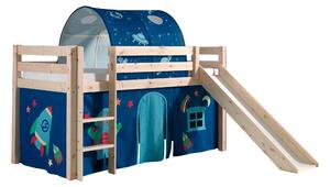 Pat etajat din lemn de pin, cu tunel si tobogan pentru copii Pino Astro Natural, 200 x 90 cm
