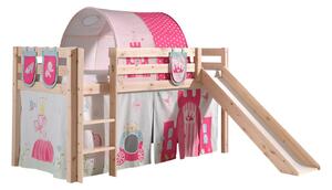 Pat etajat din lemn de pin, cu tunel si tobogan pentru copii Pino Plus Princess Natural, 200 x 90 cm