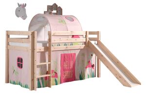 Pat etajat din lemn de pin, cu tunel si tobogan pentru copii Pino Spring Natural, 200 x 90 cm
