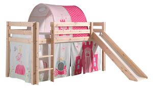 Pat etajat din lemn de pin, cu tunel si tobogan pentru copii Pino Princess Natural, 200 x 90 cm