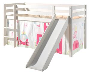 Pat etajat din lemn de pin, cu tobogan pentru copii Pino Princess Alb, 200 x 90 cm