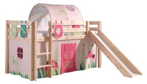 Pat etajat din lemn de pin, cu tunel si tobogan pentru copii Pino Plus Spring Natural, 200 x 90 cm