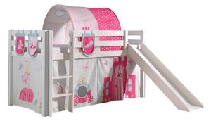 Pat etajat din lemn de pin, cu tunel si tobogan pentru copii Pino Plus Princess Alb, 200 x 90 cm